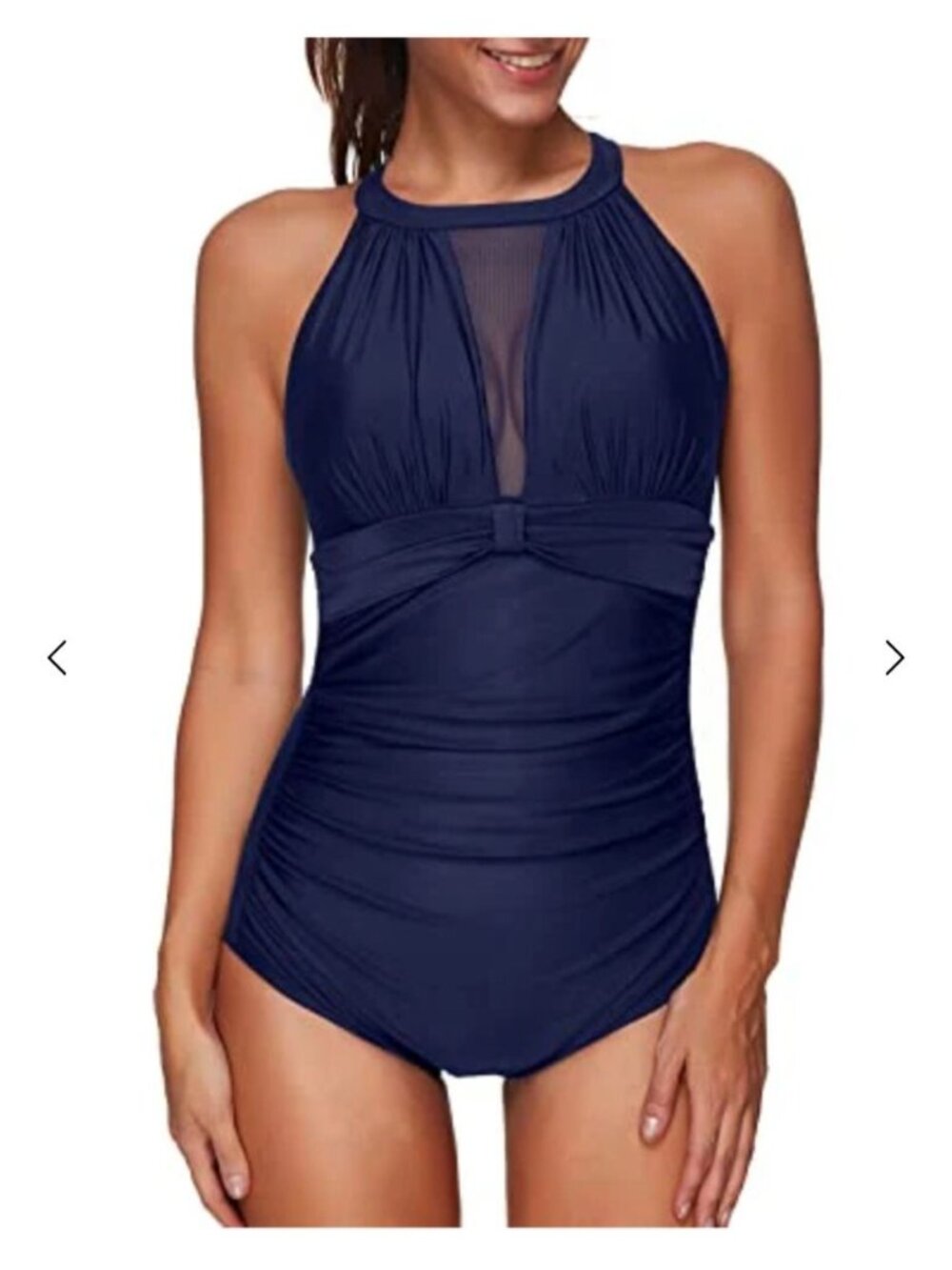 Tempt Me Womens Size S High Neck Mesh Plunge Ruched One-Piece Swimsuit Navy Blue